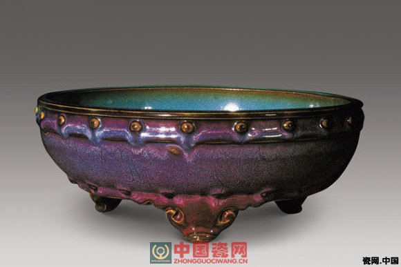 N26019 中国陶器 紅班 鈞窯神獣耳付高杯・台 小杯 馬上杯 酒器