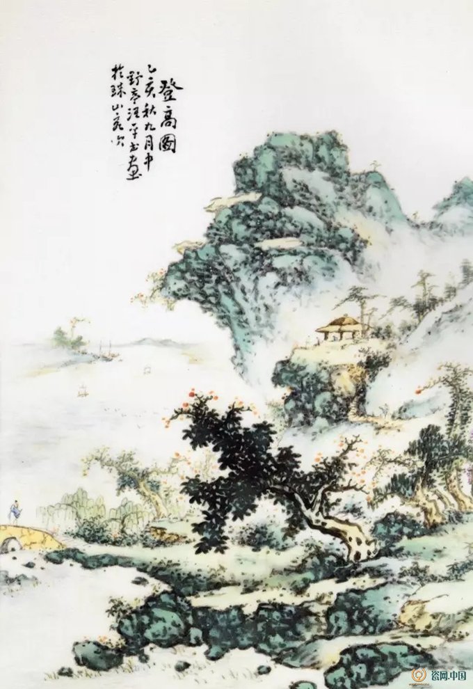 民国珠山八友汪野亭修竹茅亭粉彩瓷板.jpg-清华雅集